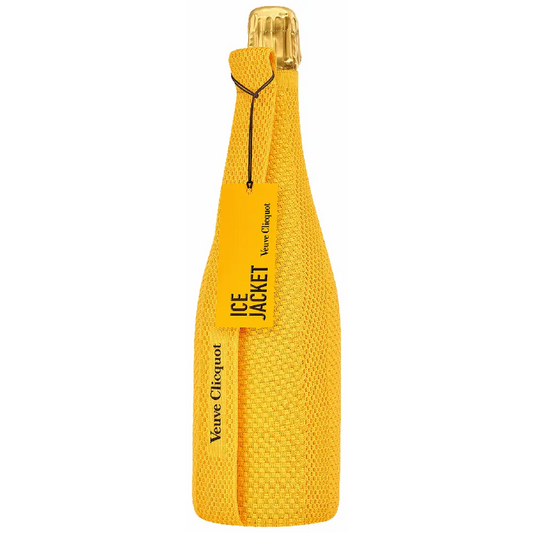 Bottle of Veuve Clicquot in a yellow ice jacket on a white background