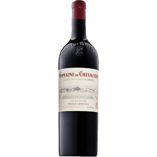 Red wine bottle with 'Domaine de Chevalier' label on a white background