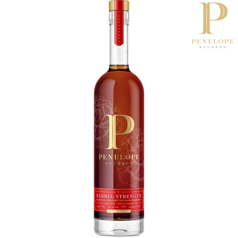 Penelope Bourbon bottle with red label and gold accents on a white background