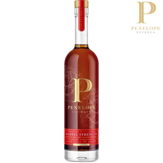 Penelope Bourbon bottle with red label and gold accents on a white background