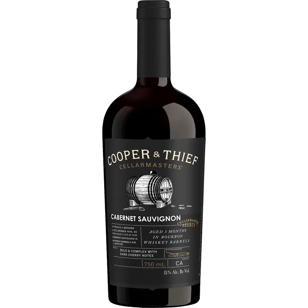 A bottle of Cooper & Thief Cabernet Sauvignon with a label indicating it is a bourbon barrel-aged wine. The bottle is upright and the label faces forward.