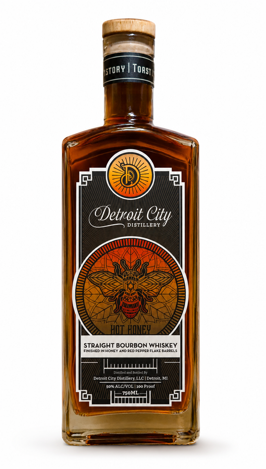 Bottle of Detroit City Distillery Straight Bourbon Whiskey on a white background