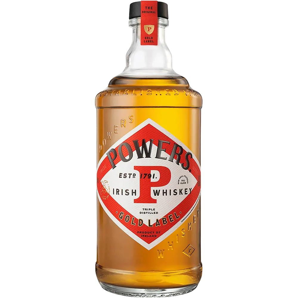 Bottle of Powers Irish Whiskey on a white background