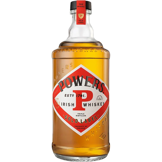 Bottle of Powers Irish Whiskey on a white background