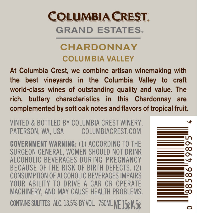 Columbia Crest Grand Estates Chardonnay Wine 750 Ml