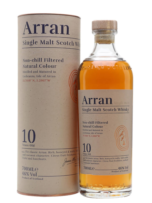 Arran Single Malt Scotch Whisky bottle and packaging on a white background