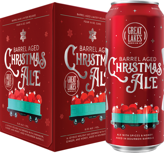 Red can and box of Great Lakes Barrel Aged Christmas Ale with festive design.