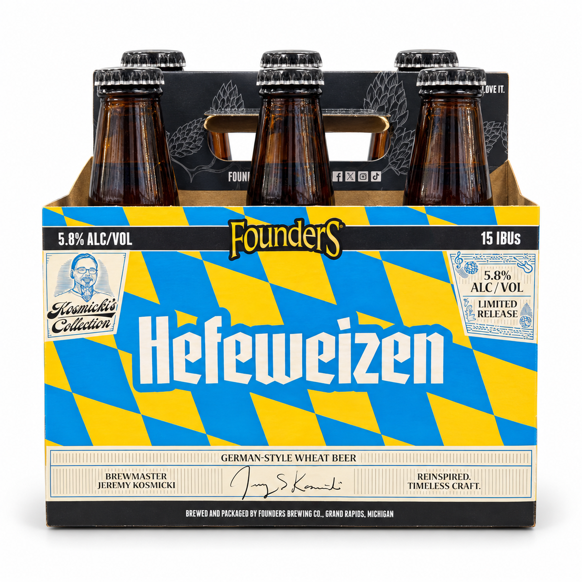 Founders Heteweizen German-style wheat beer six-pack of 12 oz glass bottles on a white background