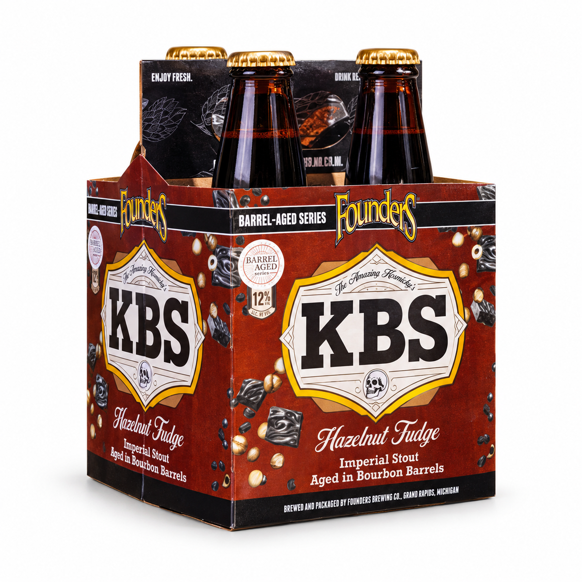 Founders KBS Hazelnut Fudge four-pack of 12 oz bottles on white background