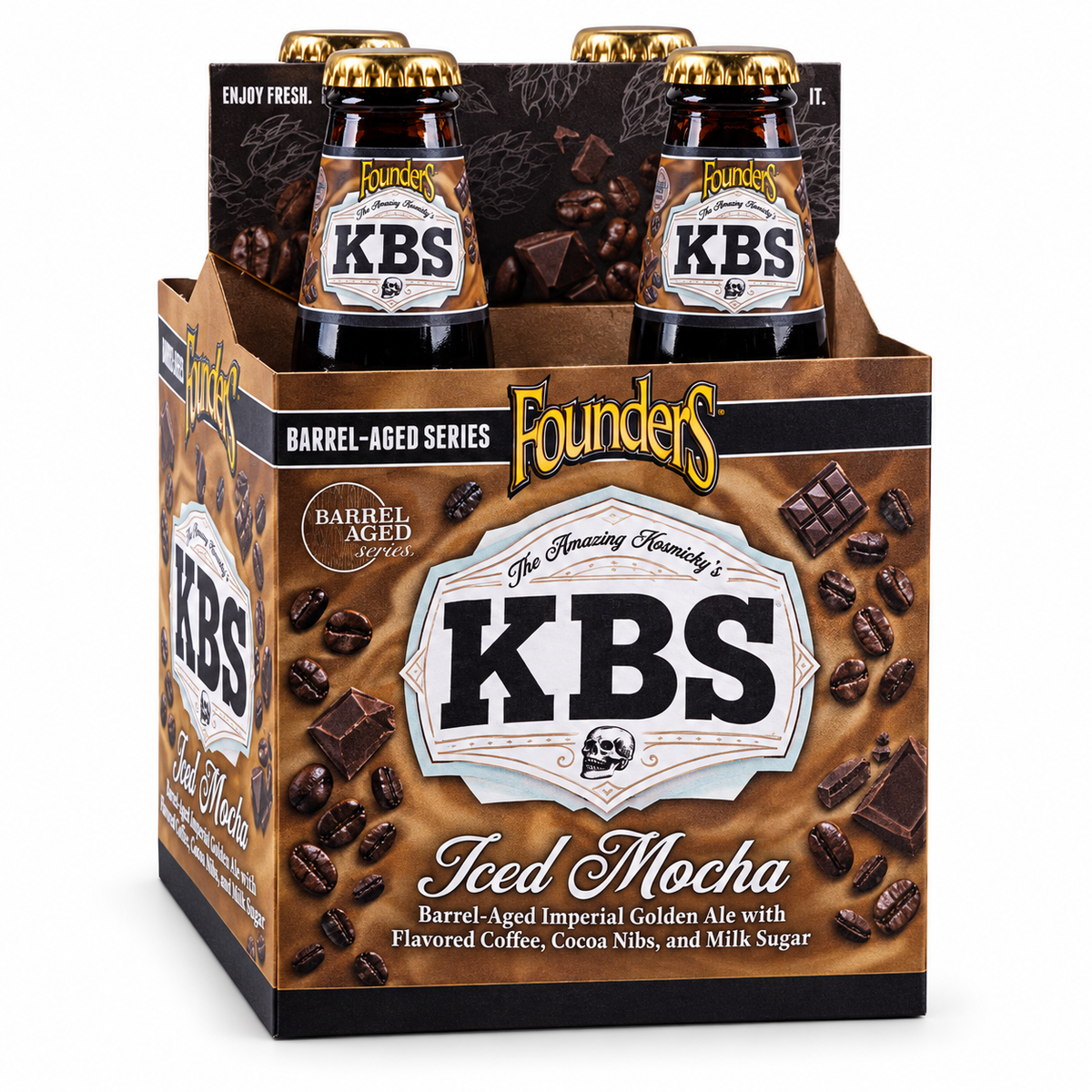 Founders KBS Iced Mocha four-pack of 12 oz bottles on white background