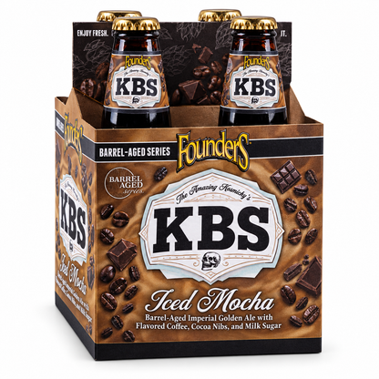 Founders KBS Iced Mocha four-pack of 12 oz bottles on white background