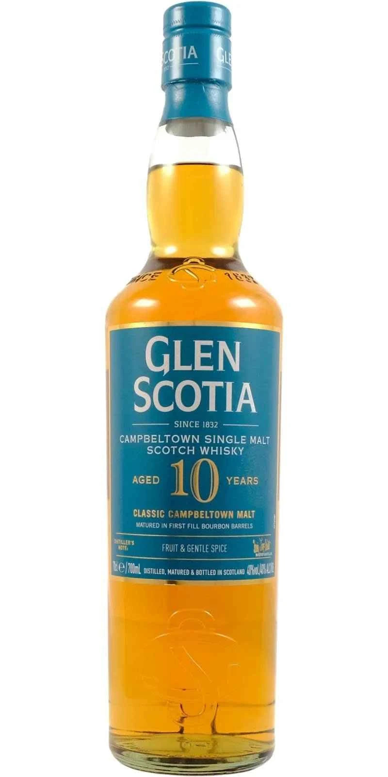 Glen Scotia 10-year-old whisky bottle on a white background