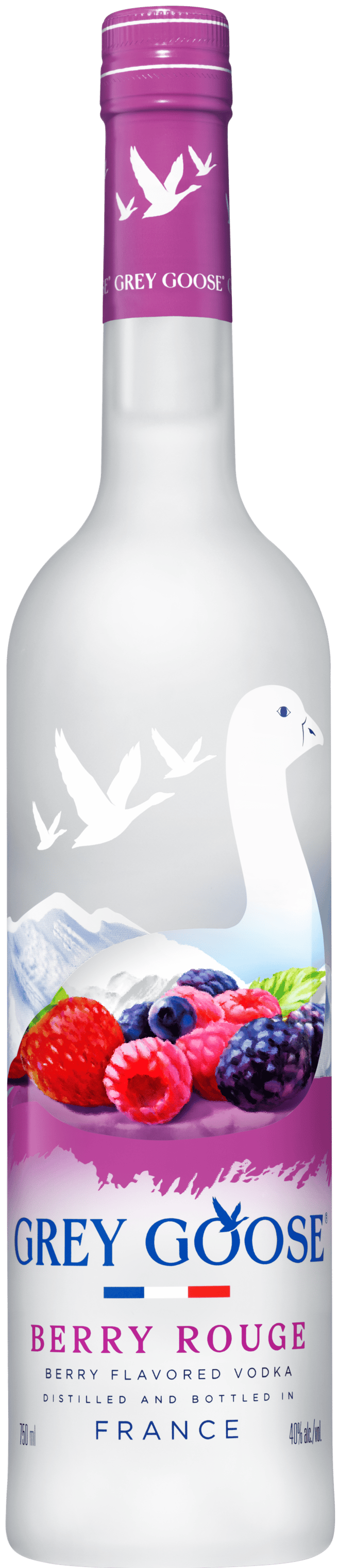 Grey Goose Berry Rouge berry-flavored vodka, 750ml frosted bottle with purple cap and mixed berry design.