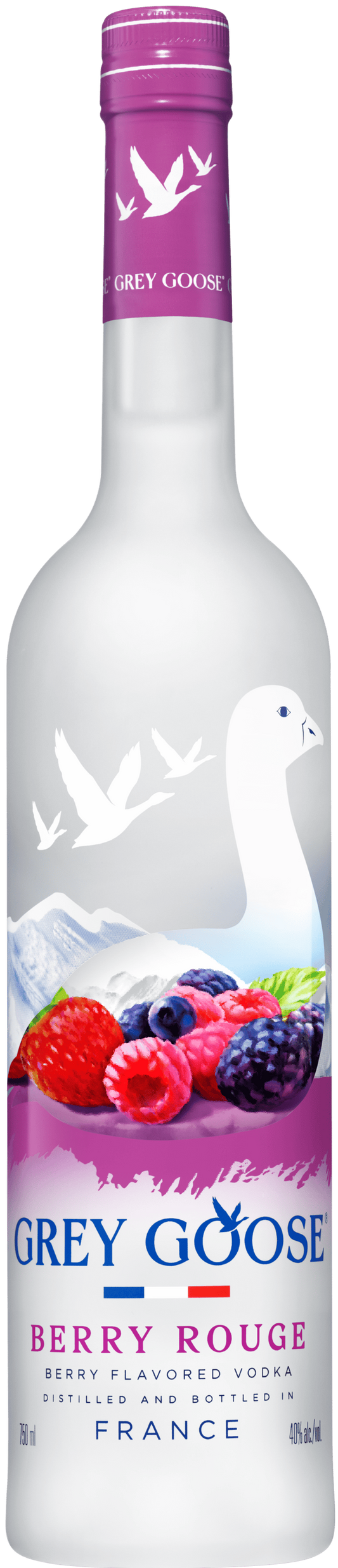 Grey Goose Berry Rouge berry-flavored vodka, 750ml frosted bottle with purple cap and mixed berry design.