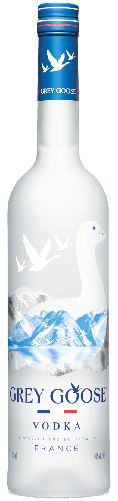 Grey Goose French vodka, 750ml frosted bottle with blue cap and mountain and goose design.