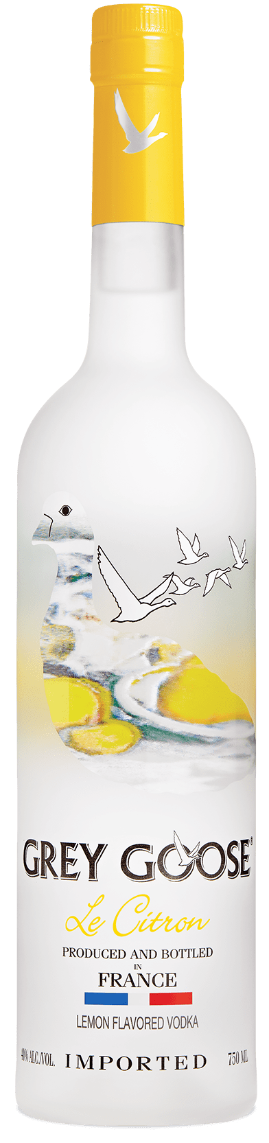 Grey Goose Le Citron lemon-flavored vodka, 750ml frosted bottle with yellow cap and lemon design.