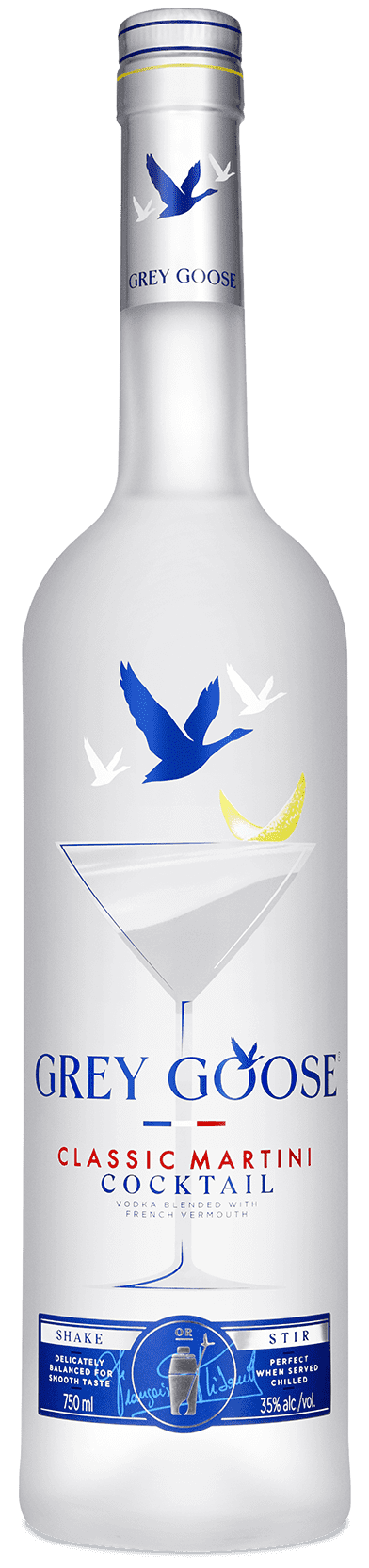 Grey Goose Classic Martini Cocktail, 750ml bottle with silver cap and martini glass illustration.
