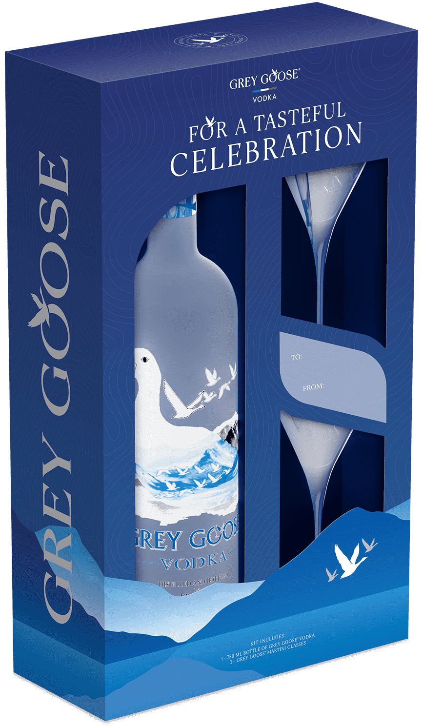 Grey Goose vodka gift set with a 750ml bottle and two martini glasses in a blue presentation box.