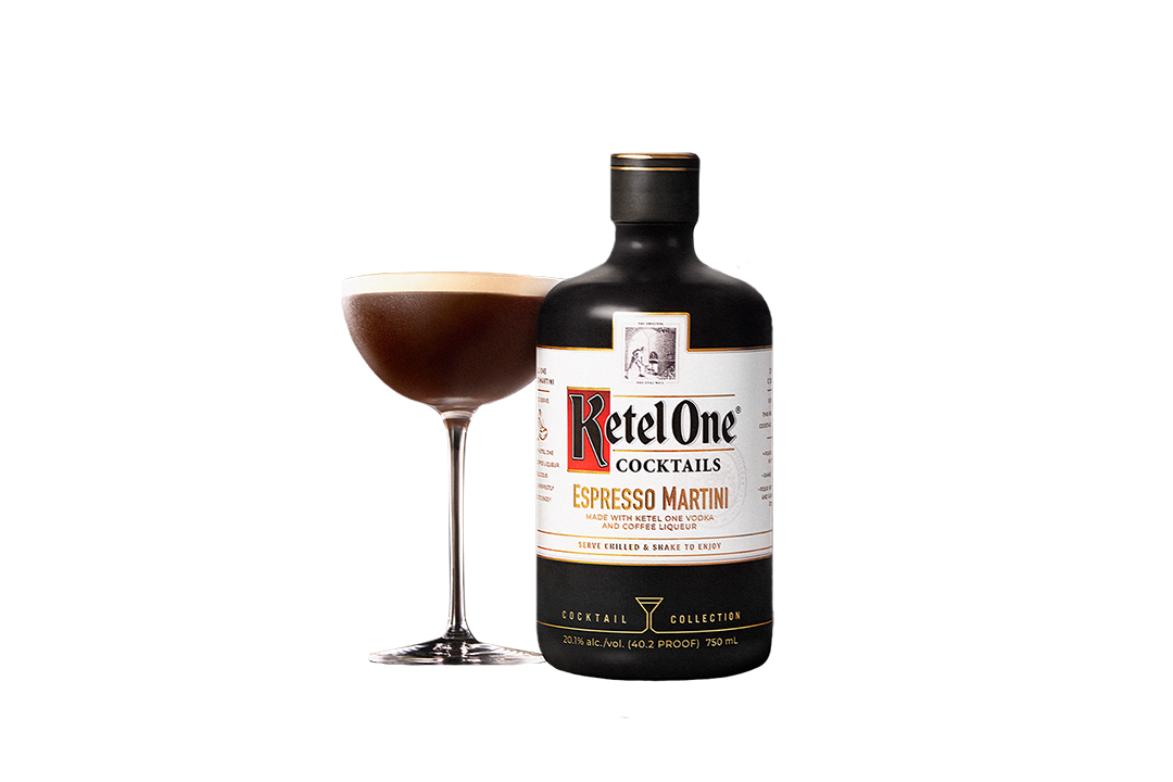 Ketel One Cocktails Espresso Martini bottle with a prepared cocktail