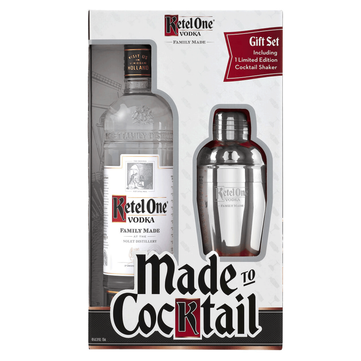 Ketel One Vodka 750ml bottle and branded cocktail shaker in a Made to Cocktail gift box