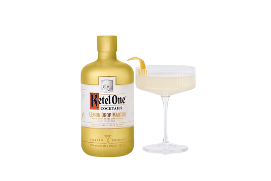 Ketel One Cocktails Lemon Drop Martini bottle with a prepared cocktail